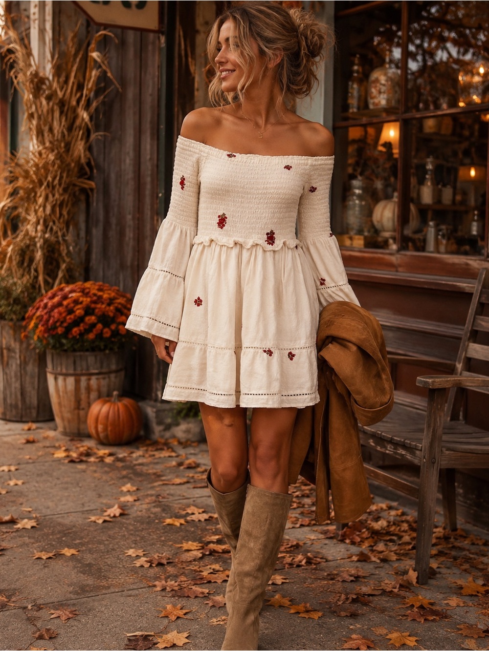 Free People Ivory Embroidered Off Shoulder Smocked Mini Dress XS Boho Bell Sleev